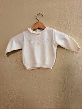 Vintage White Knit Baby Sweater with Pink Trim and Eyelet Detail